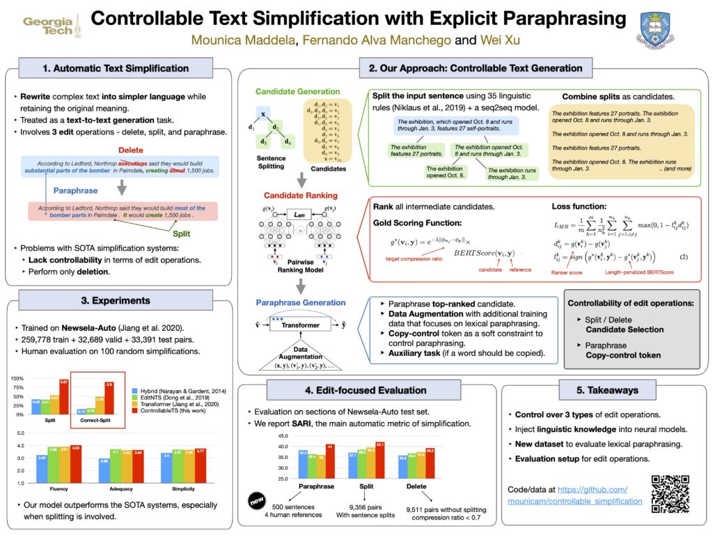 Controllable Text Simplification with Explicit Paraphrasing Mounica Maddela, Fernando Alva Manchego and Wei Xu