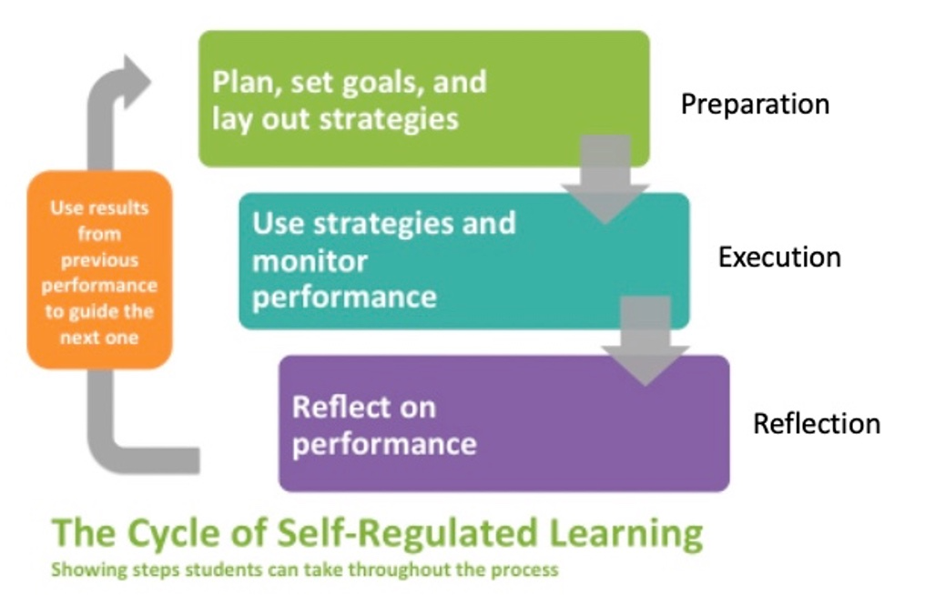 Three phases of self-regulated learning cycle: preparation, execution, reflection.