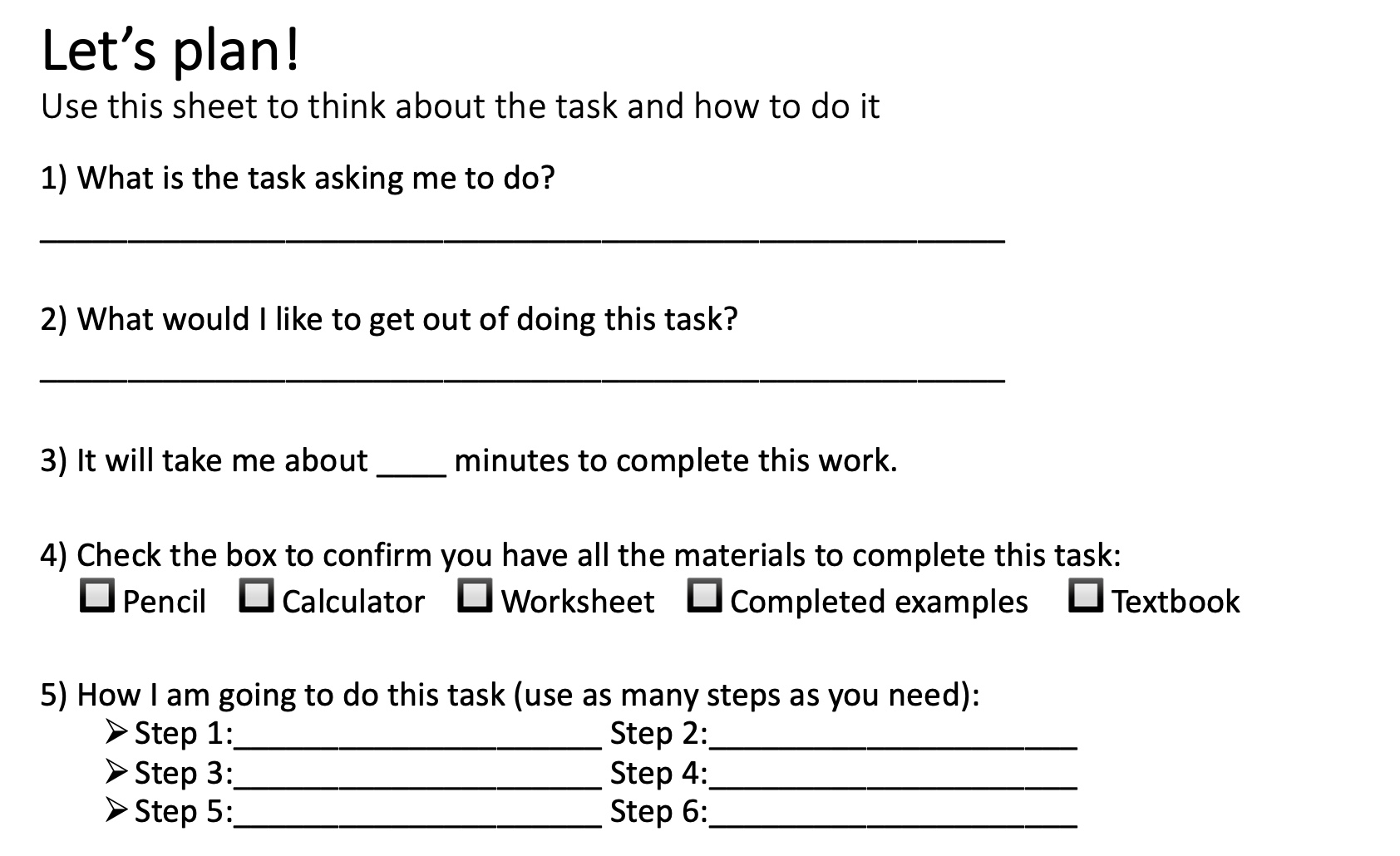 An example of a student mathematics task planning sheet.