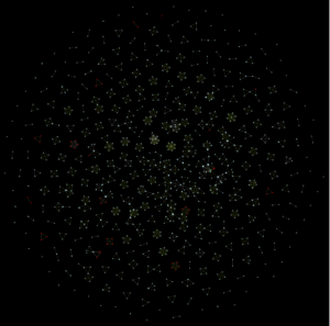 Image with a black background, many white dots with connecting lines and some red dots. Some of the dots have many white lines connecting them. Some have only a few and some have none.