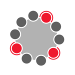 Image contains light a circle with 10 dots surrounding the perimeter. There are seven dark grey dots and three red dots. The red dots have a thin line on the outer half.