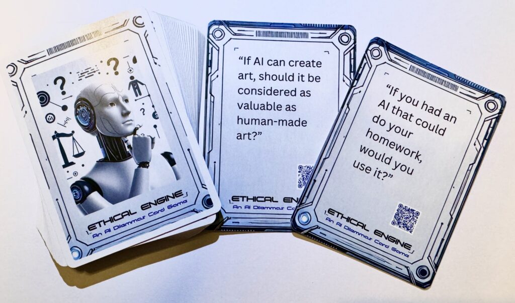 Photo of Ethical AI card deck with example prompts, images, and QR codes