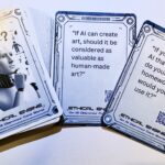 Photo of Ethical AI card deck with example prompts, images, and QR codes