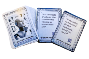 Photo of Ethical AI card deck with example prompts, images, and QR codes